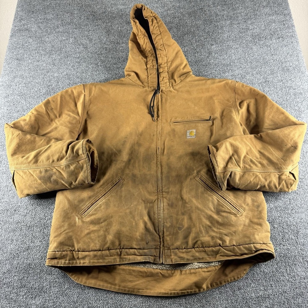 Carhartt Jacket Mens 2XL Brown Hooded Sherpa Lined Workwear Parka OJ4392-M